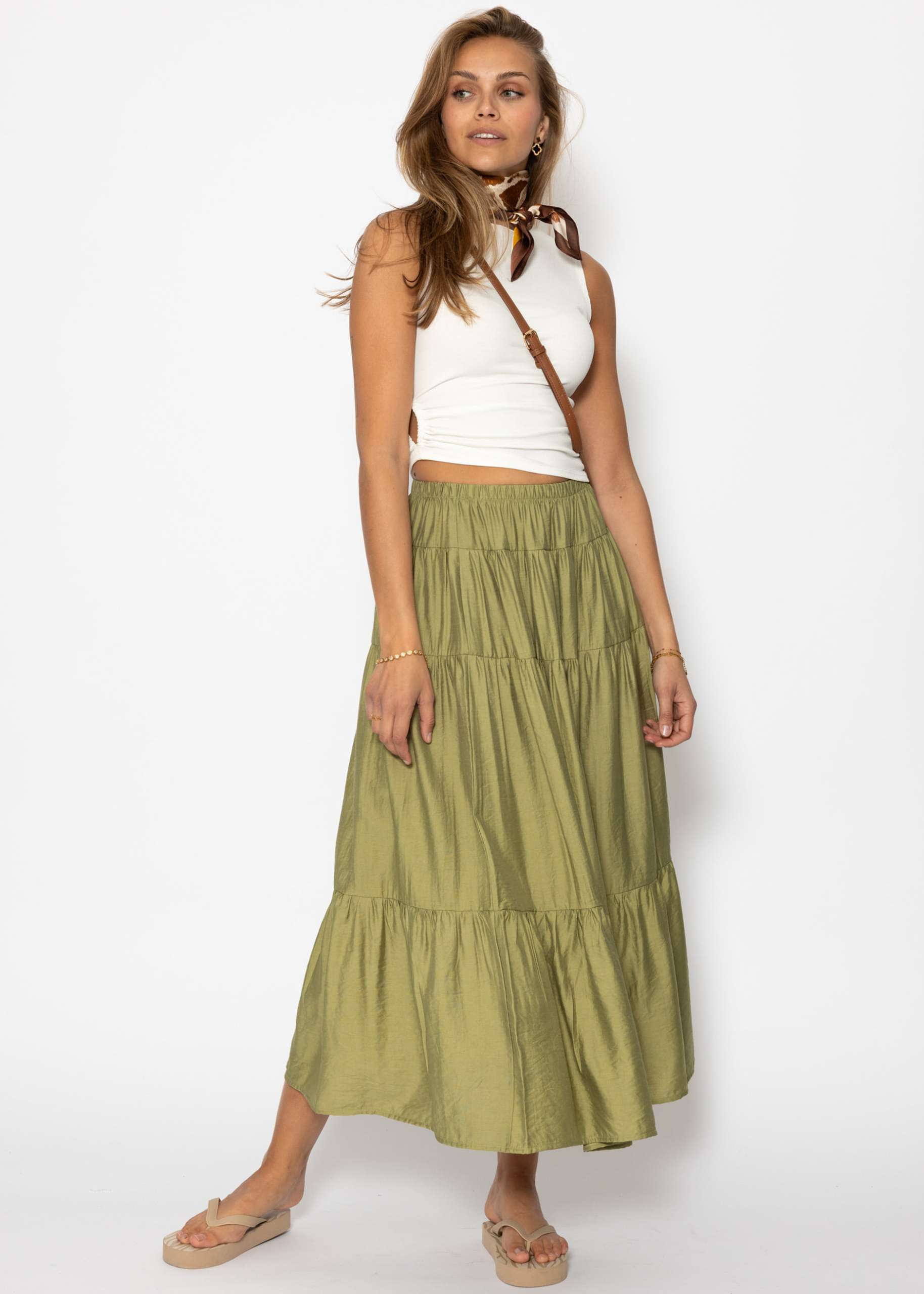 Glänzender Maxi Volantrock - khaki