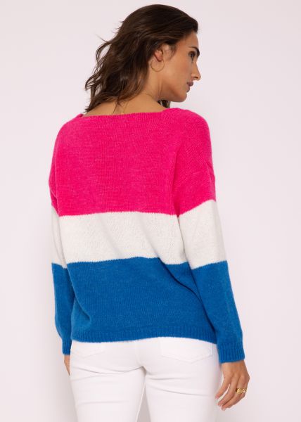 Streifen-Pullover mit V-Ausschnitt, pink/weiß/blau