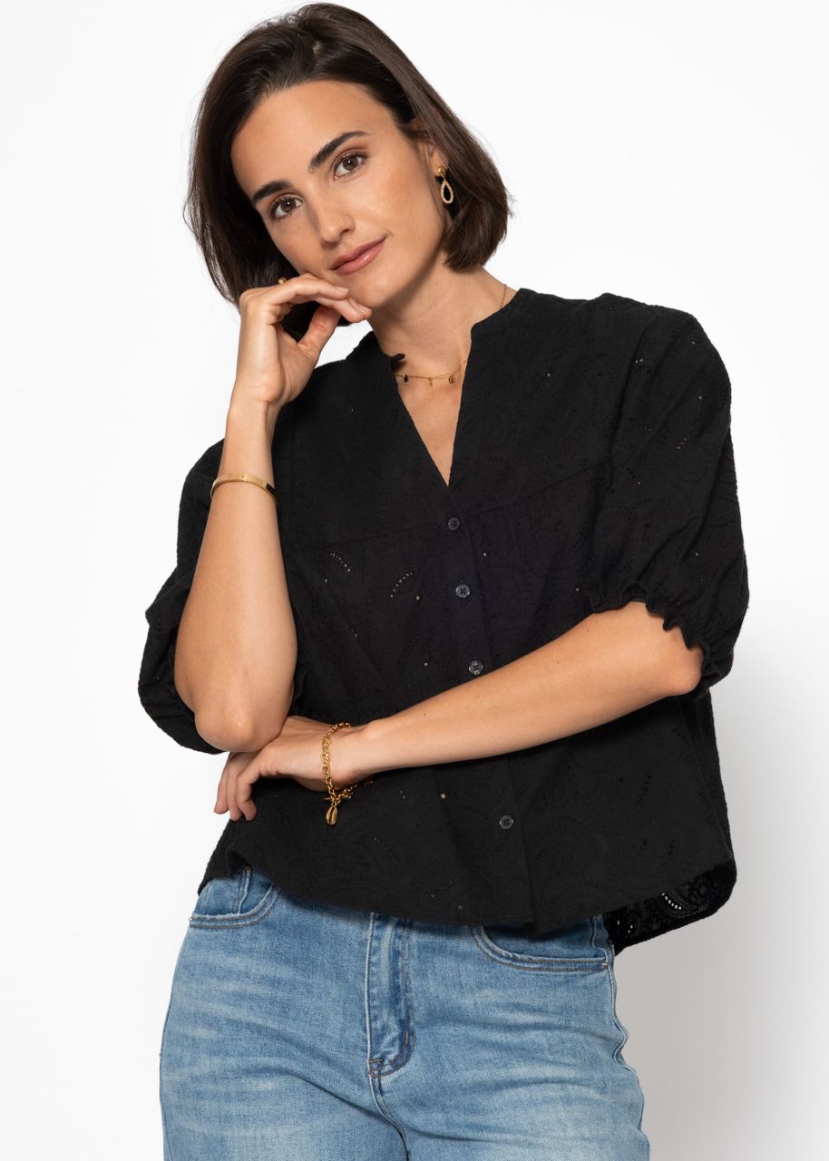 Spitzen Bluse mit kurzen Ballonärmeln - schwarz