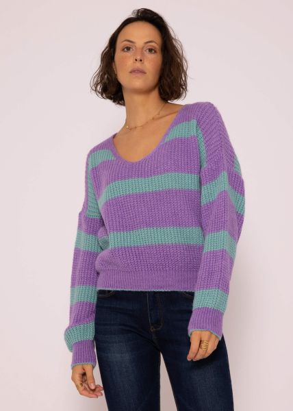Pullover mit Streifen und V-Ausschnitt, lila-türkis