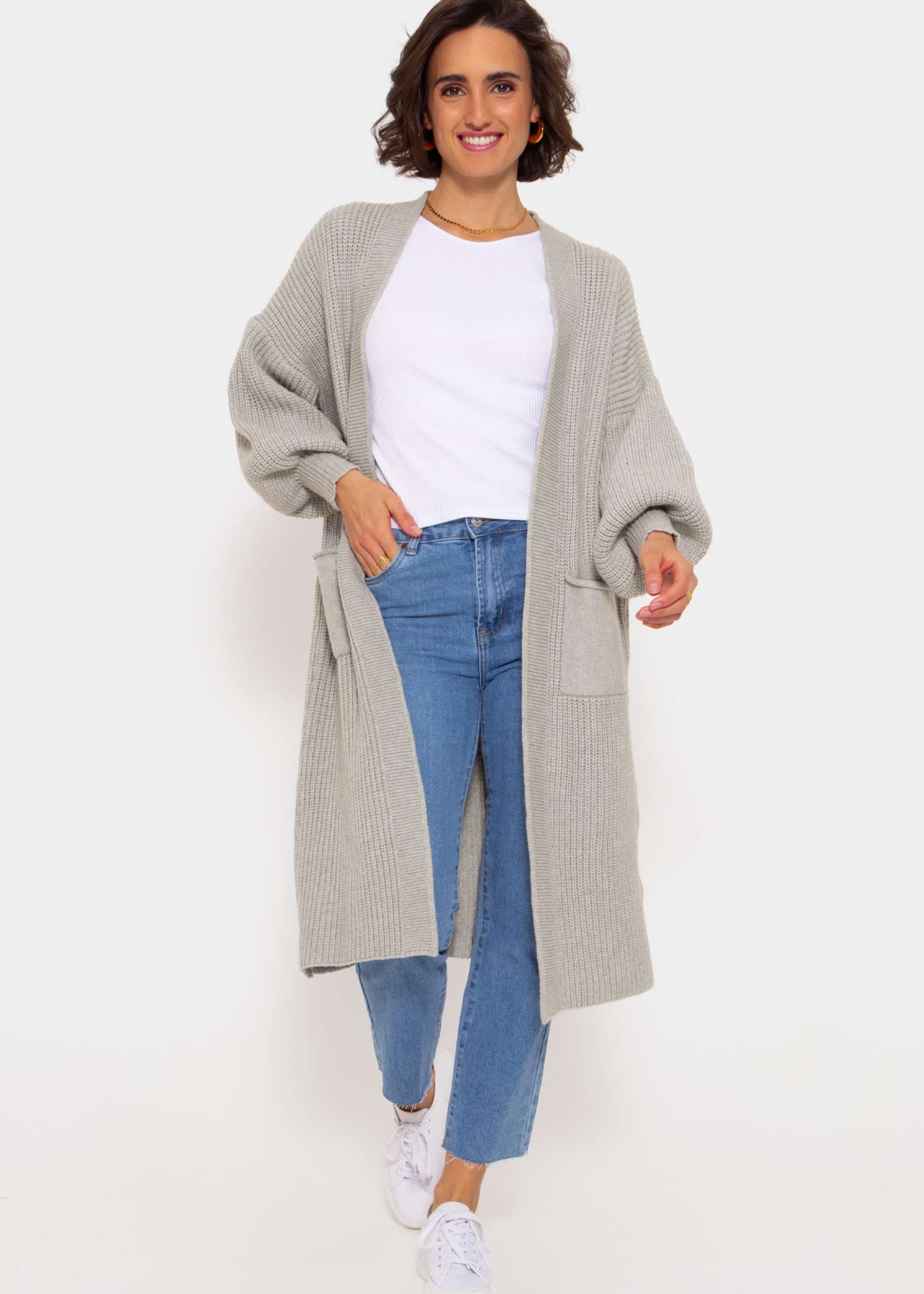 Langer super soft Cardigan mit Taschen - hellgrau