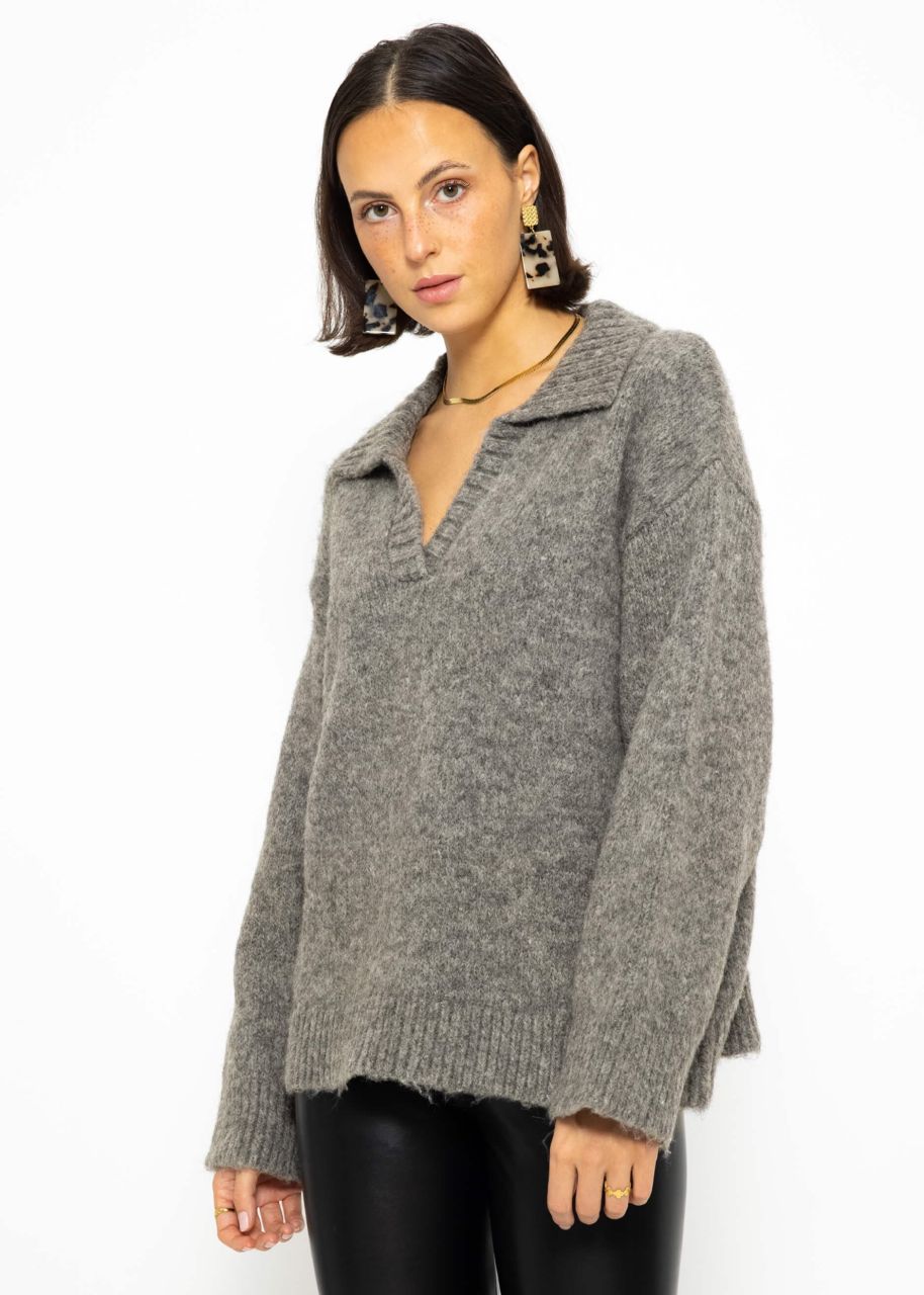 Oversize Pullover mit Kragen - grau