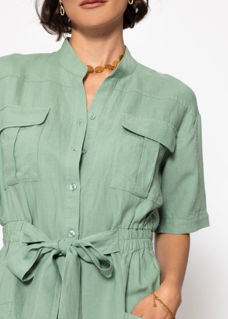 Leinenjumpsuit mit Bindegürtel - salbeigrün