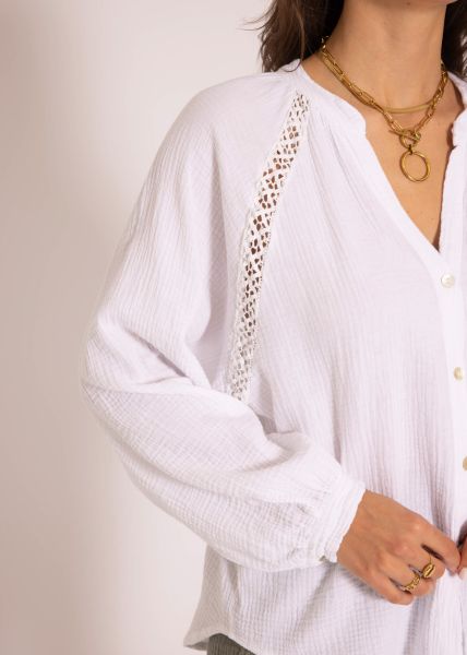 Musselin Bluse mit Spitzenborte, weiß