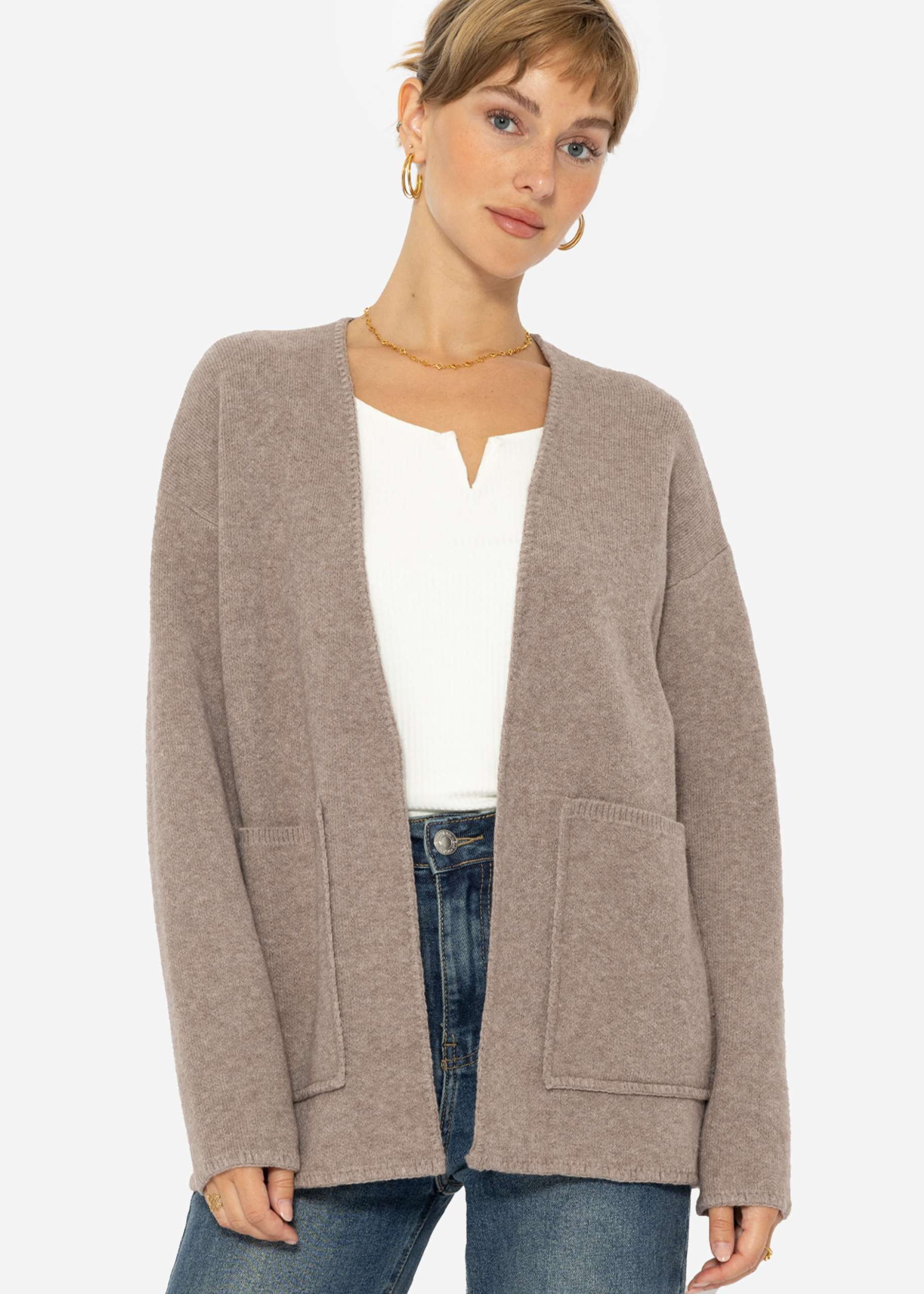 Offener Cardigan mit aufgesetzten Taschen - taupe