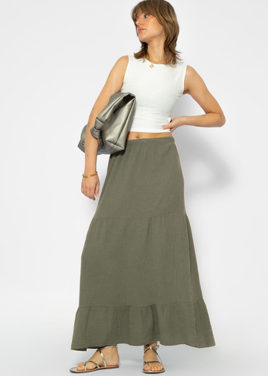 Musselin Maxi Rock mit Volants - khaki