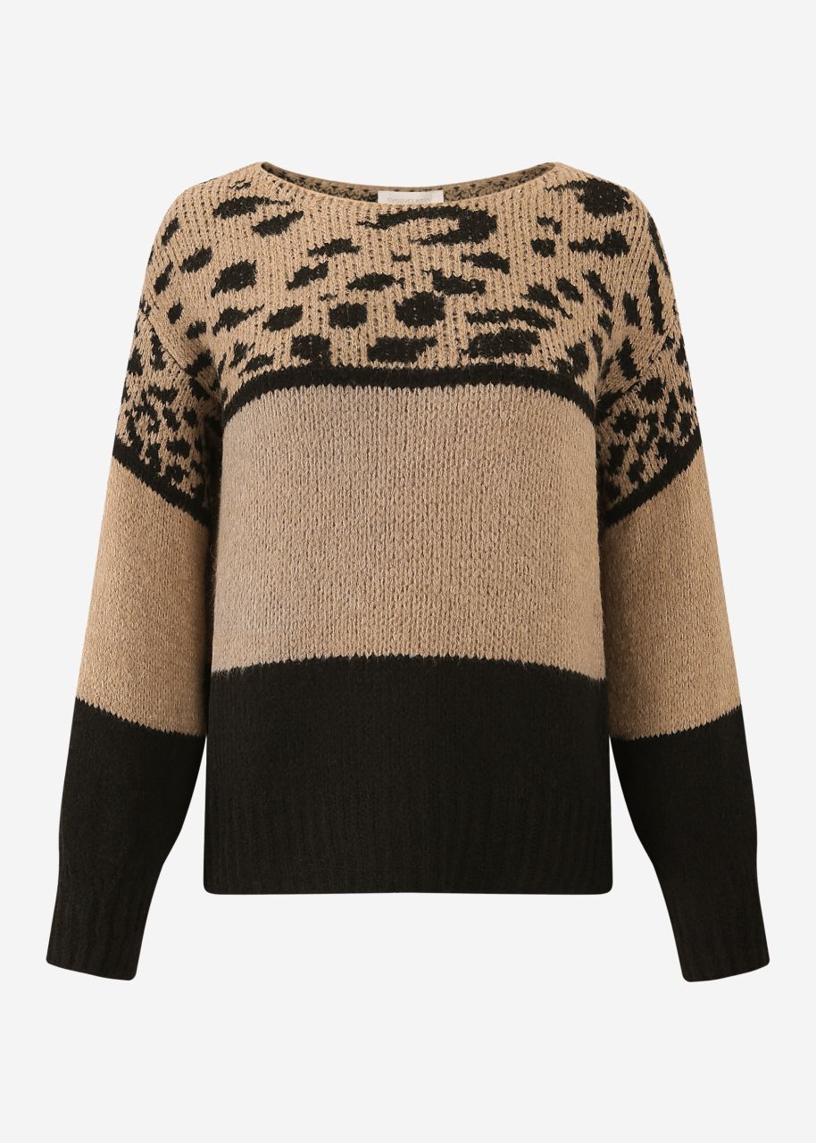 Oversize Pullover mit Leo-Print - beige-schwarz