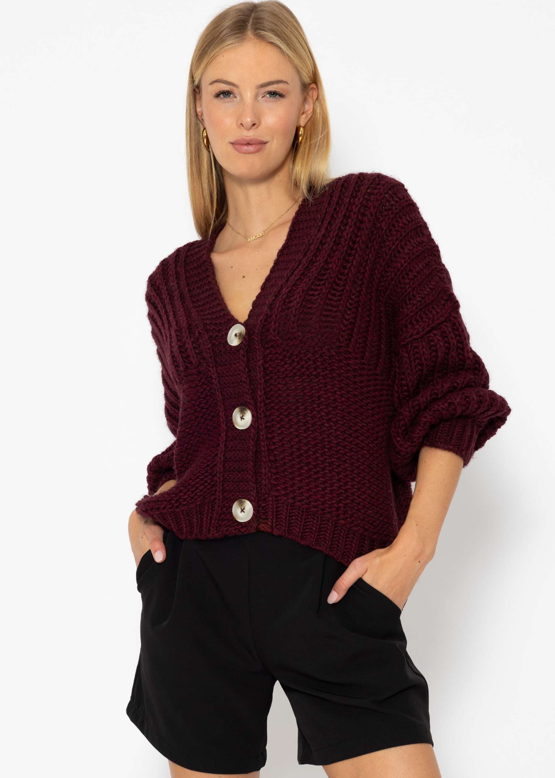 Jessica Haller Strick-Cardigan mit gerippten Ärmeln und Knopfleiste - burgundy