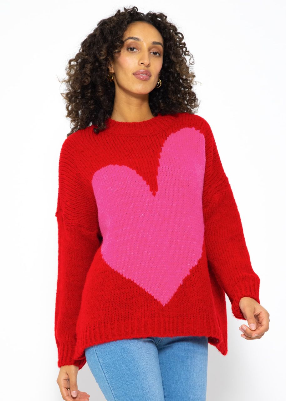 Oversize Pullover mit Herzmotiv - rot-pink