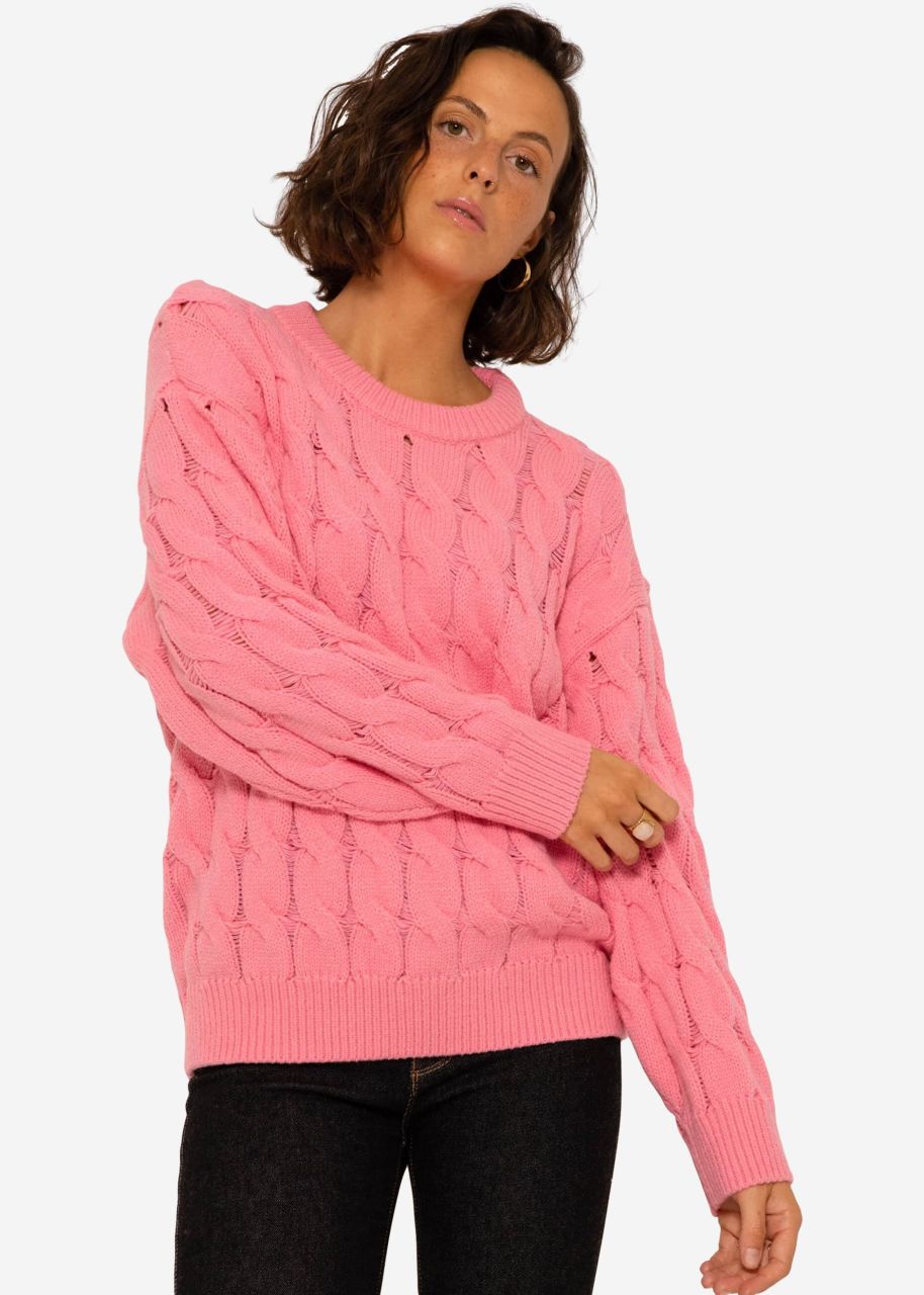 Strickpullover mit Zopfmuster - rosa