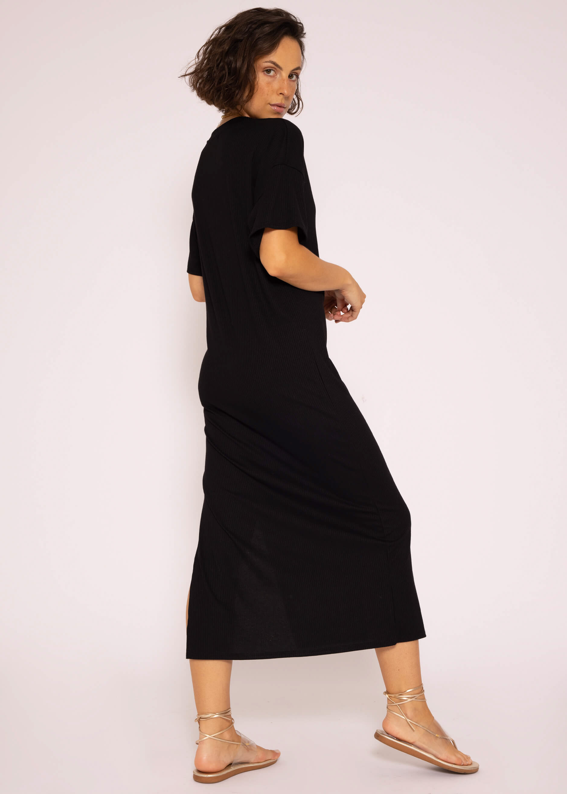 | Kleider Jersey schwarz Schlitz, | mit Kleid | SASSYCLASSY Maxi Bekleidung Rip