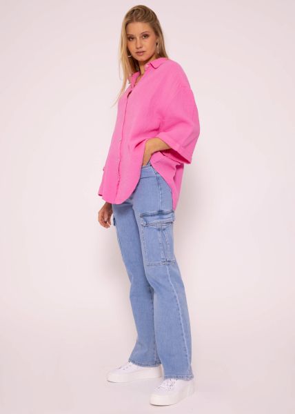 Musselin Bluse oversize kurzarm, kurz, pink