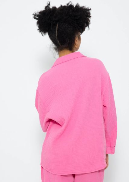 Musselin Pyjamabluse mit Spitzenborte - pink