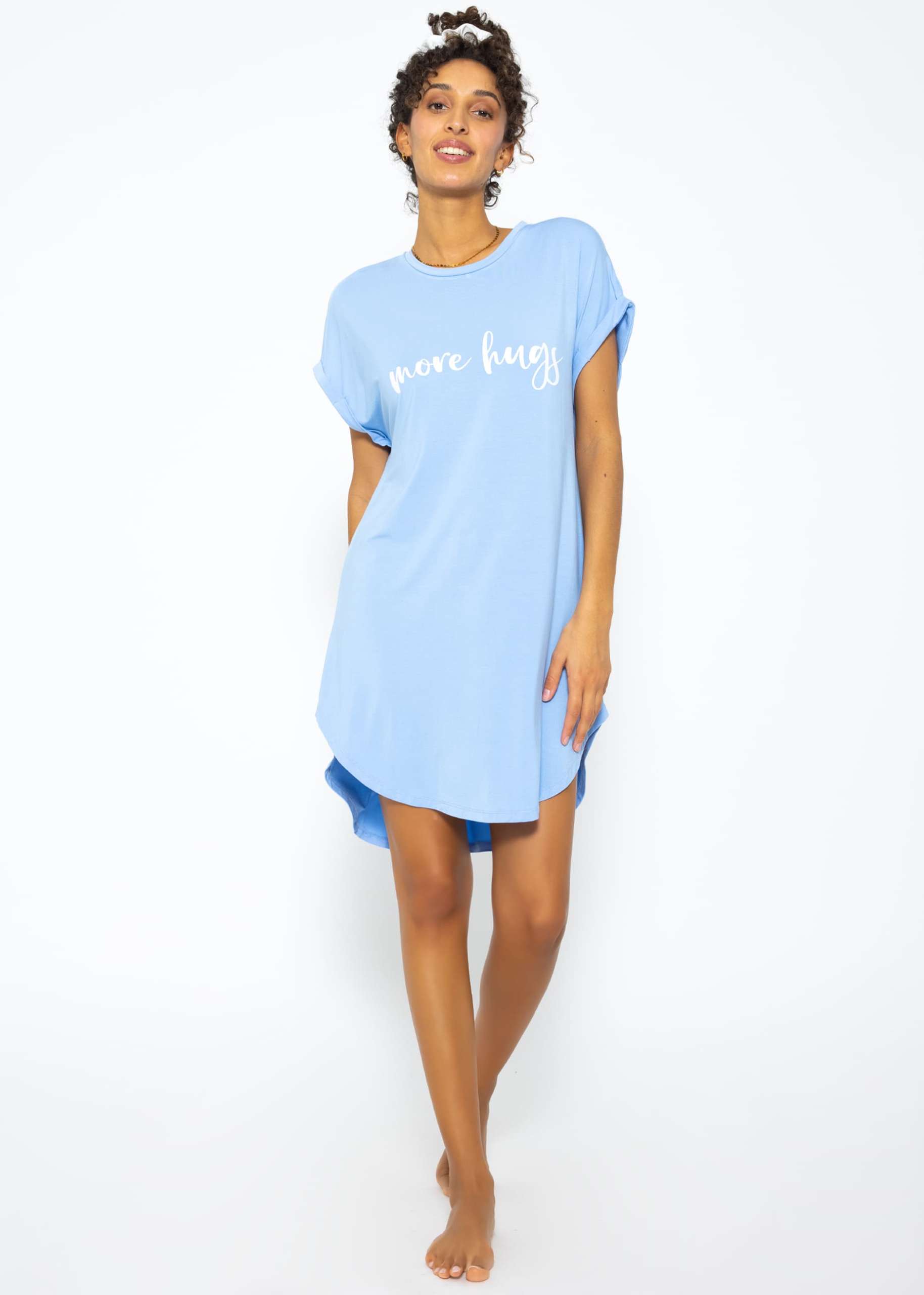 Langes Pyjamashirt mit Print - hellblau