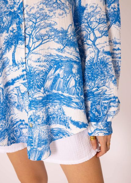 Musselin Bluse mit Print, blau