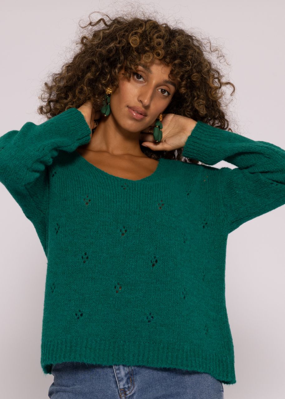 Oversize Pullover mit Lochmuster, dunkelgrün