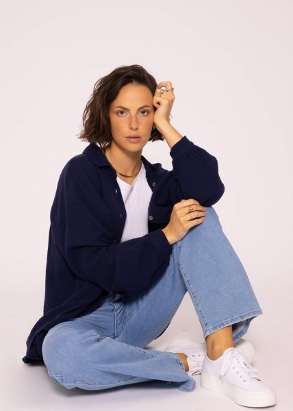 Musselin Bluse oversize, kurz, dunkelblau