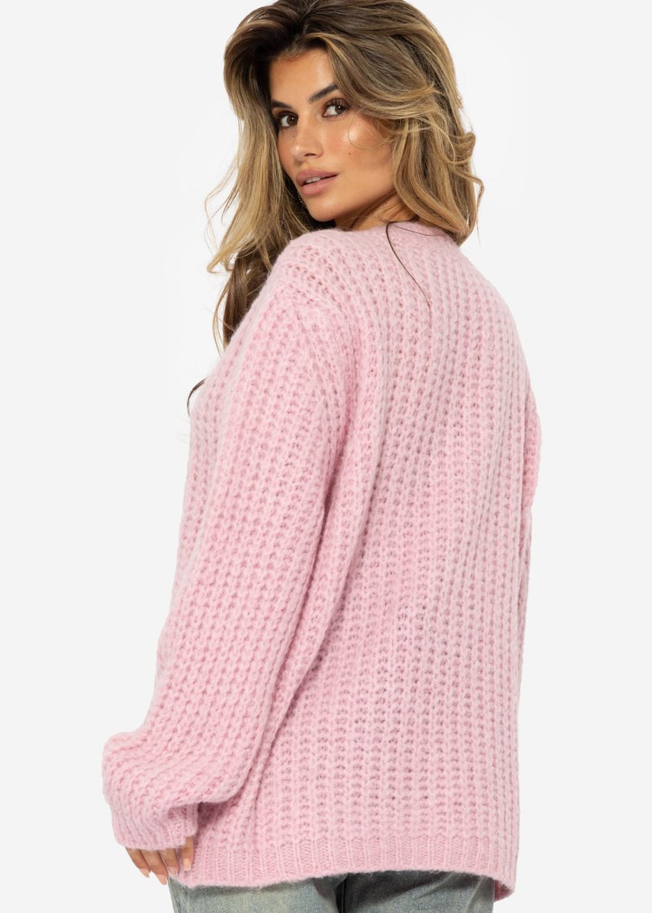 Oversize Grobstrick Pullover mit V-Ausschnitt - rosa