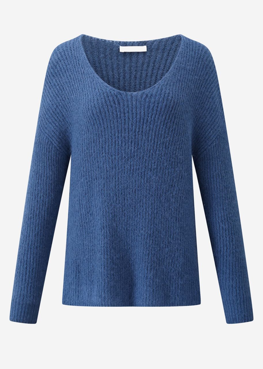 Gerippter Pullover mit V-Ausschnitt - blau