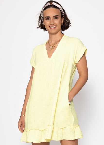 Musselin Kleid mit V-Ausschnitt - buttergelb
