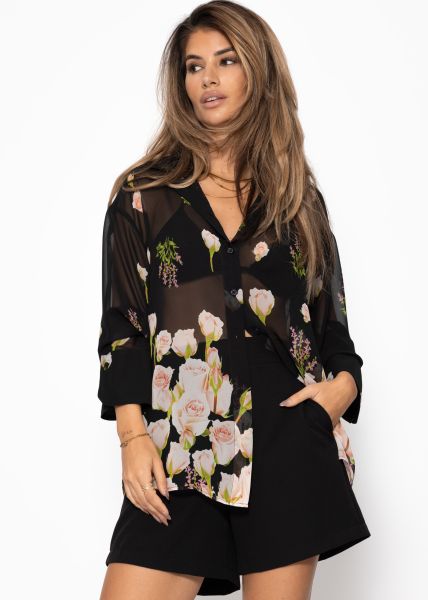 Transparente Bluse mit Blumendruck - schwarz