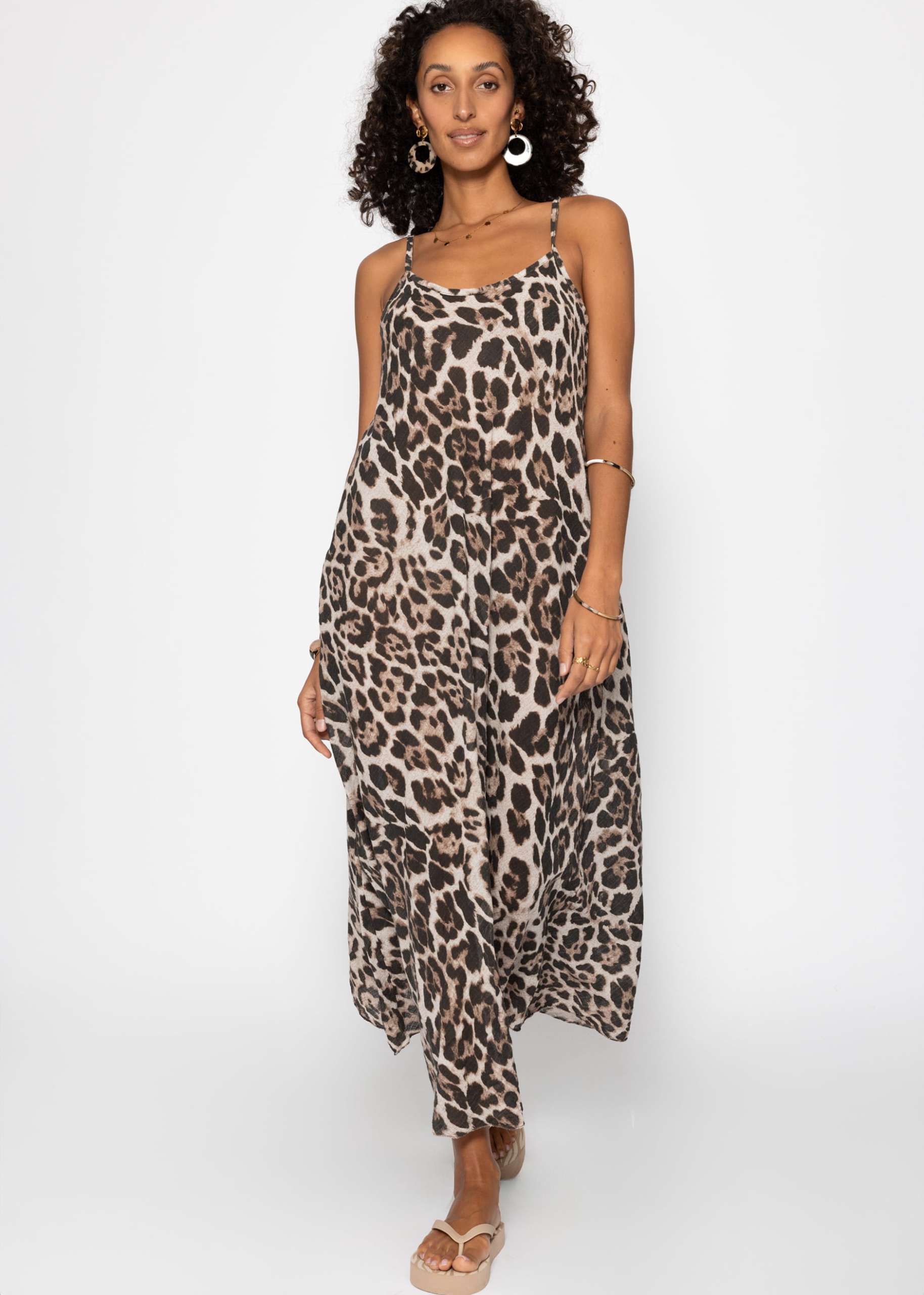 Leicht transparentes Musselin Beach Kleid mit Leo-Print - beige