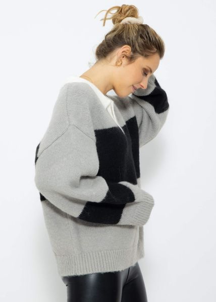 Oversize Pullover mit Kragen - grau-schwarz