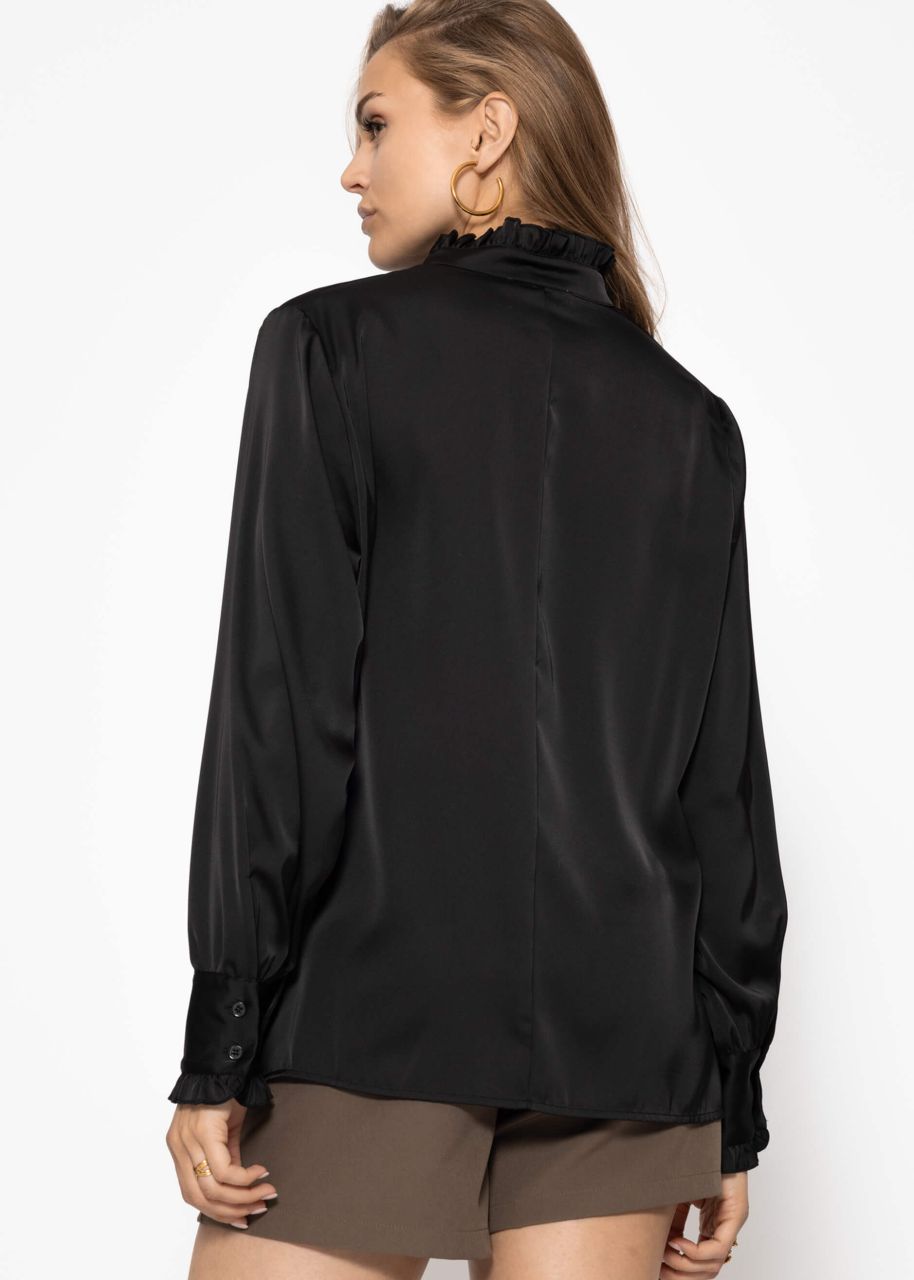 Satinbluse mit Rüschen - schwarz