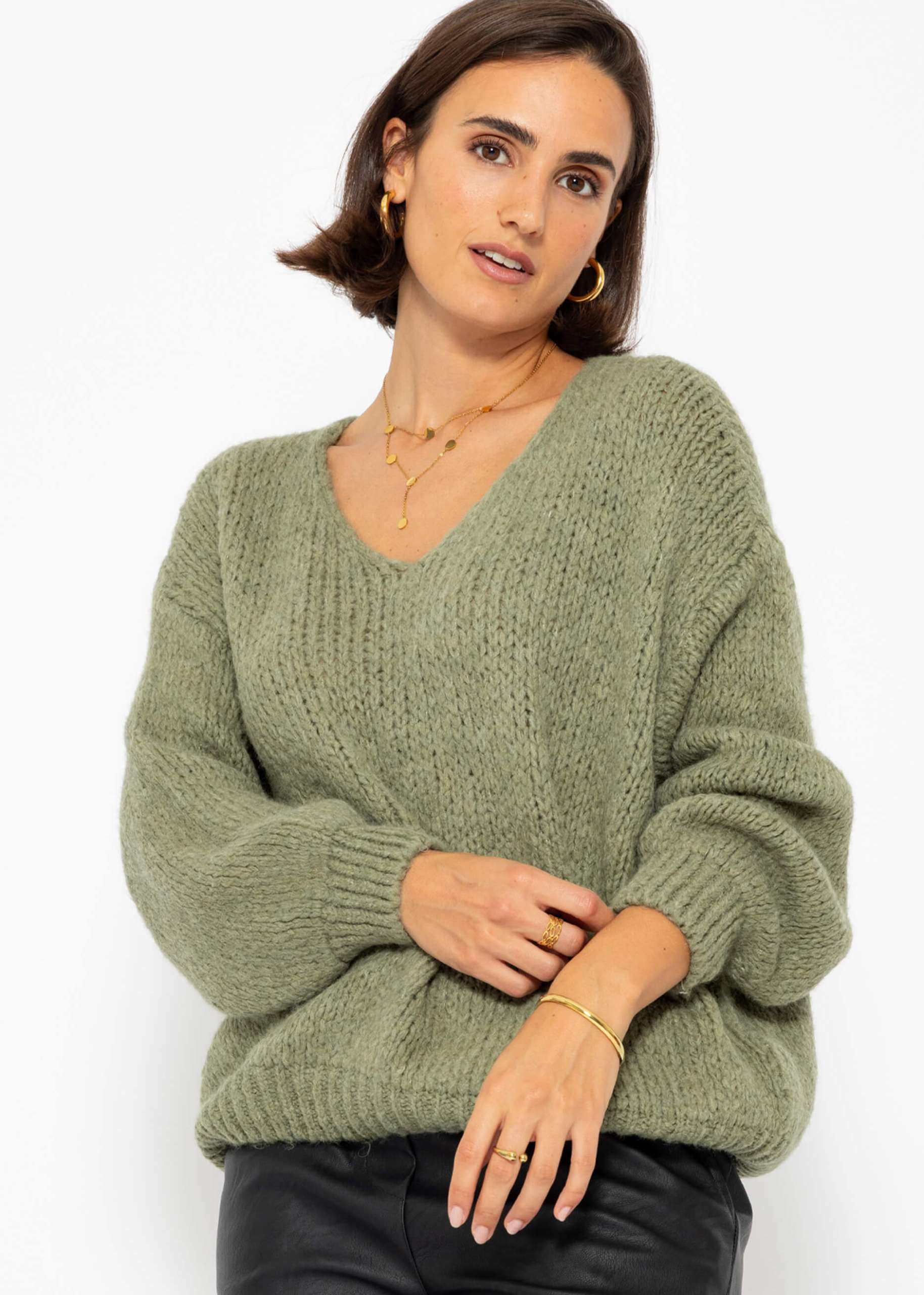 Oversize Pullover mit V-Ausschnitt - khaki