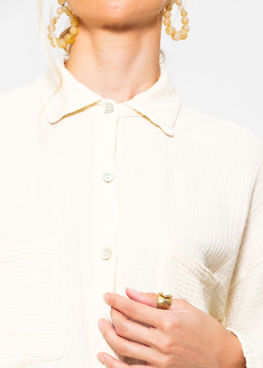 Oversize Musselin Bluse mit Brusttaschen - cremeweiß