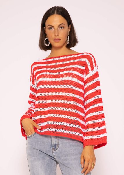Streifen Crochet Pullover, rot-weiß