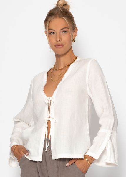 Leinen Bluse mit Trompetenärmel und Schleifenverschluss - weiß