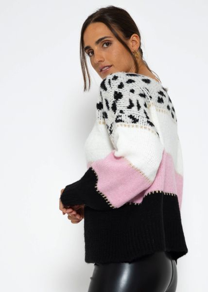 Oversize Pullover mit Leo-Print - offwhite-rosa-schwarz