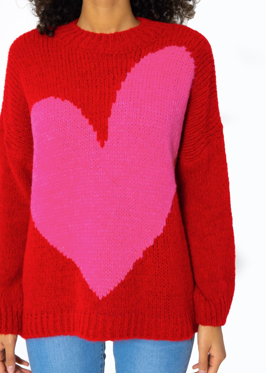 Oversize Pullover mit Herzmotiv - rot-pink