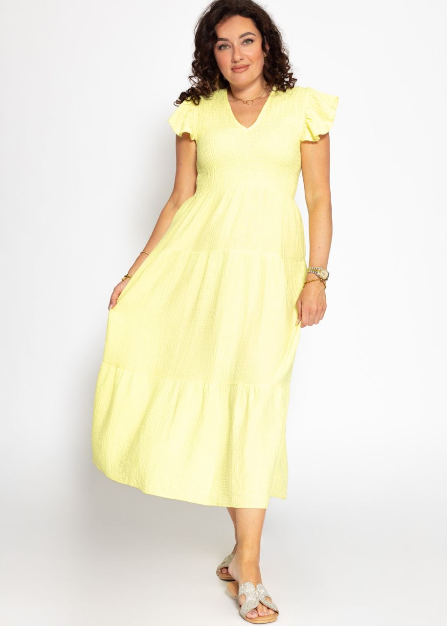 Maxi Musselin Kleid mit Volants und Flügelärmel - buttergelb