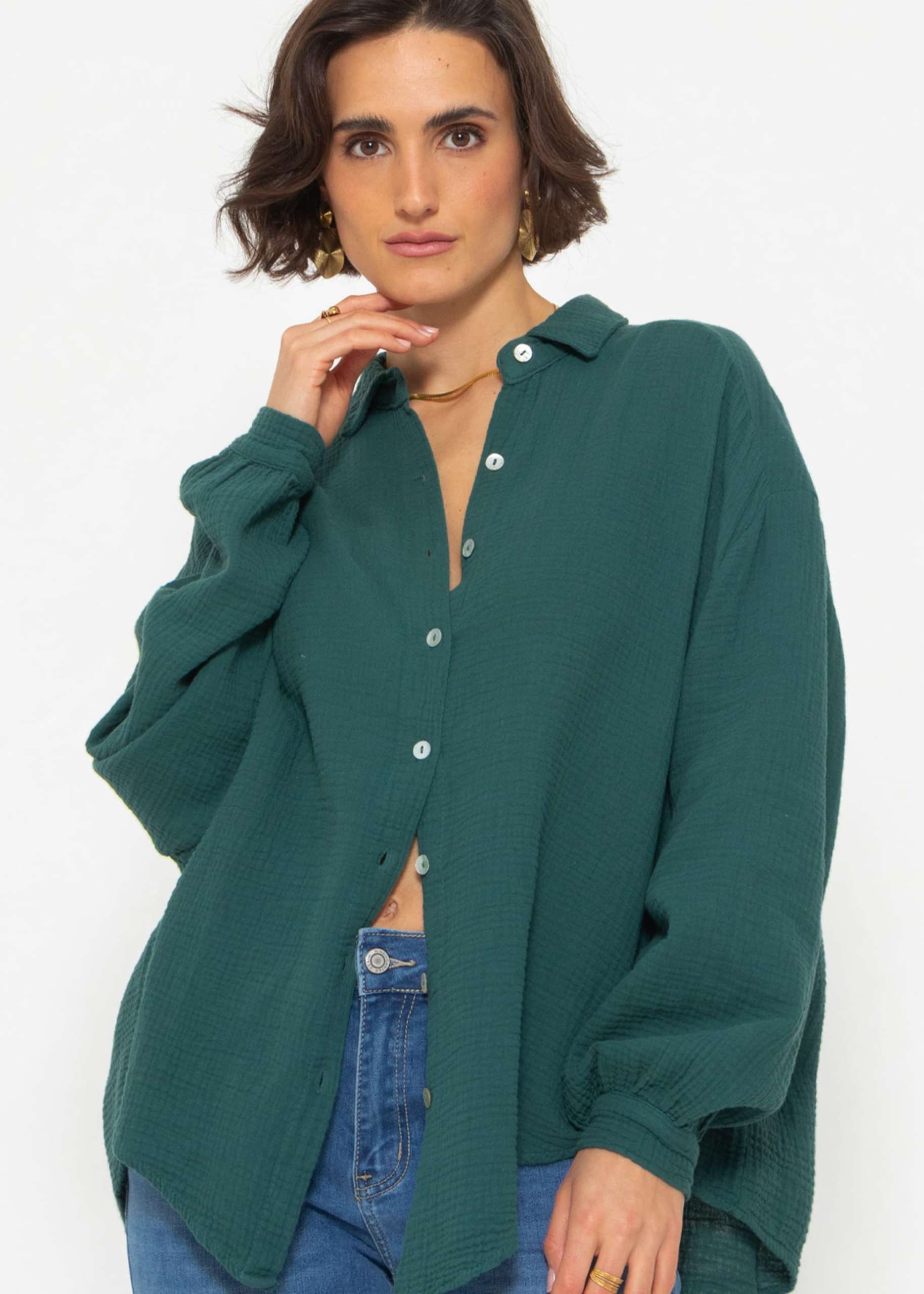 Musselin Bluse oversize, kurz, dunkelgrün