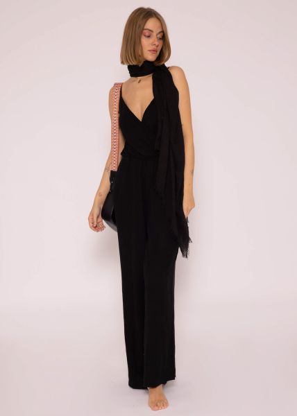 Musselin Jumpsuit mit weitem Bein, schwarz