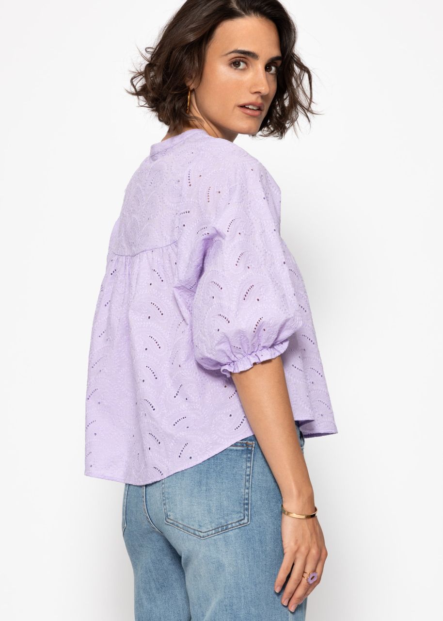 Spitzen Bluse mit kurzen Ballonärmeln - flieder