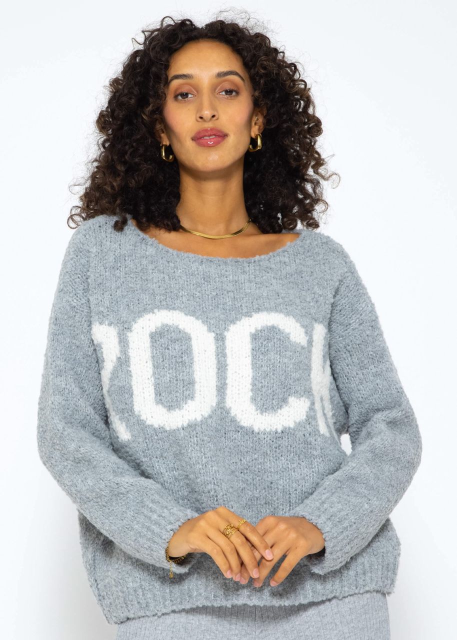 Oversize Pullover mit "Rock"-Schriftzug - grau-weiß