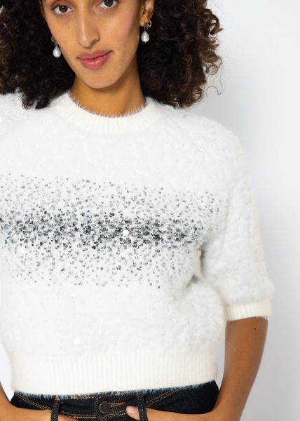 Flauschiger Kurzarm Pullover mit Pailletten - weiß