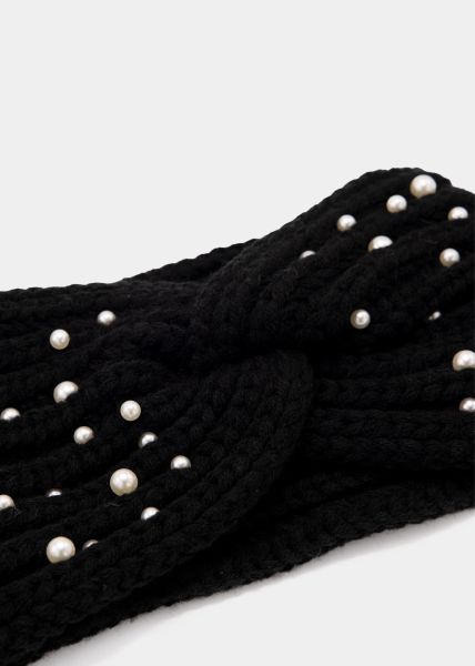 Strick Stirnband mit Perlen - schwarz