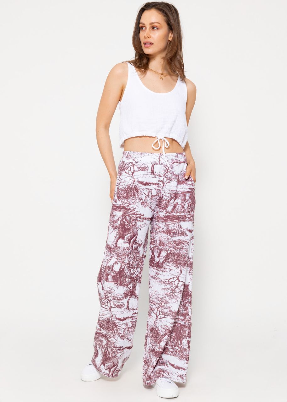 Musselin Pants mit weitem Bein und Print - weinrot