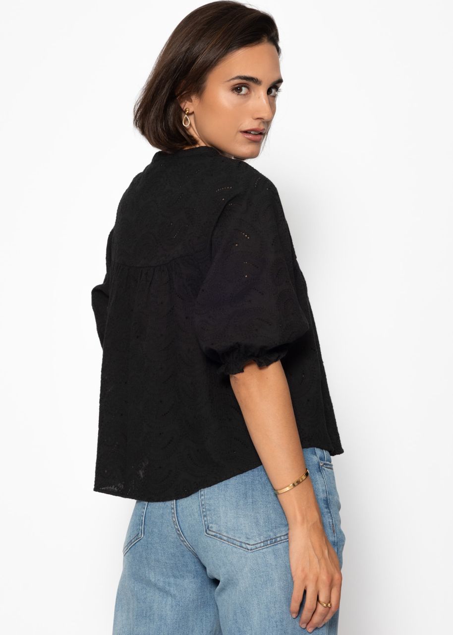 Spitzen Bluse mit kurzen Ballonärmeln - schwarz