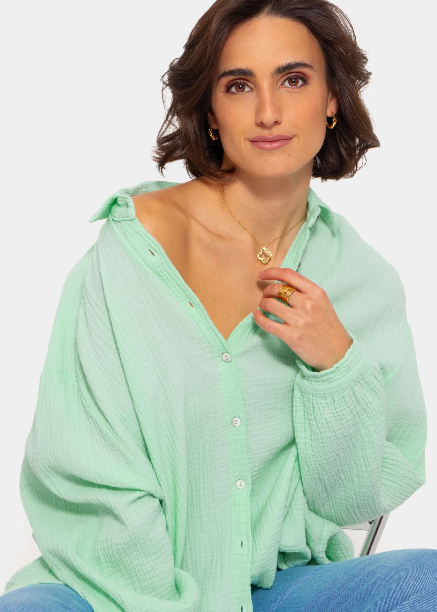 Musselin Bluse oversize, kurz, hellgrün