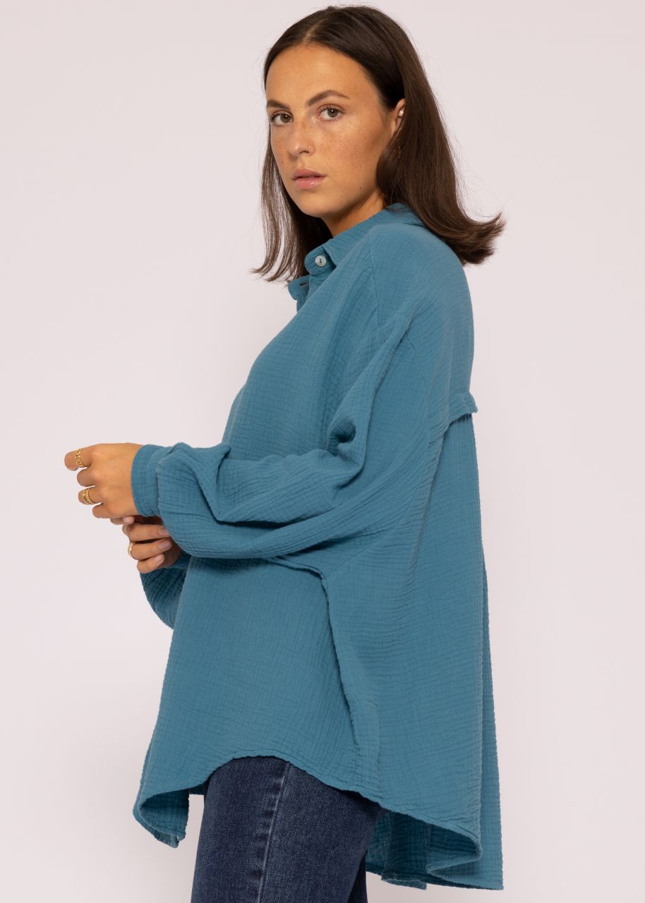 Ultra oversize Musselin-Blusenhemd, kürzere Variante, petrolblau