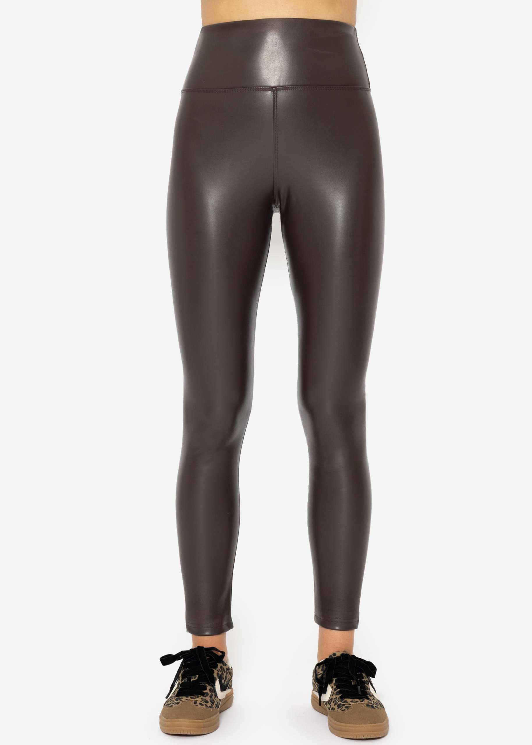 High-Rise Thermo Lederleggings mit breitem Bund - dunkelbraun