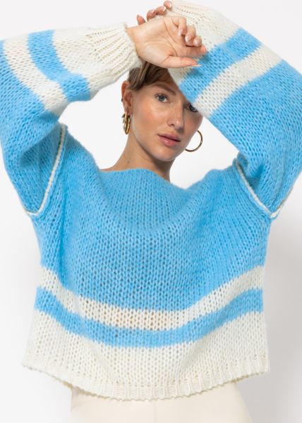 Pullover mit gestreiftem Saumende - eisblau-offwhite