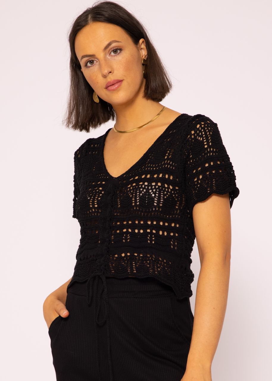 Crochet-Shirt mit Raffung, schwarz