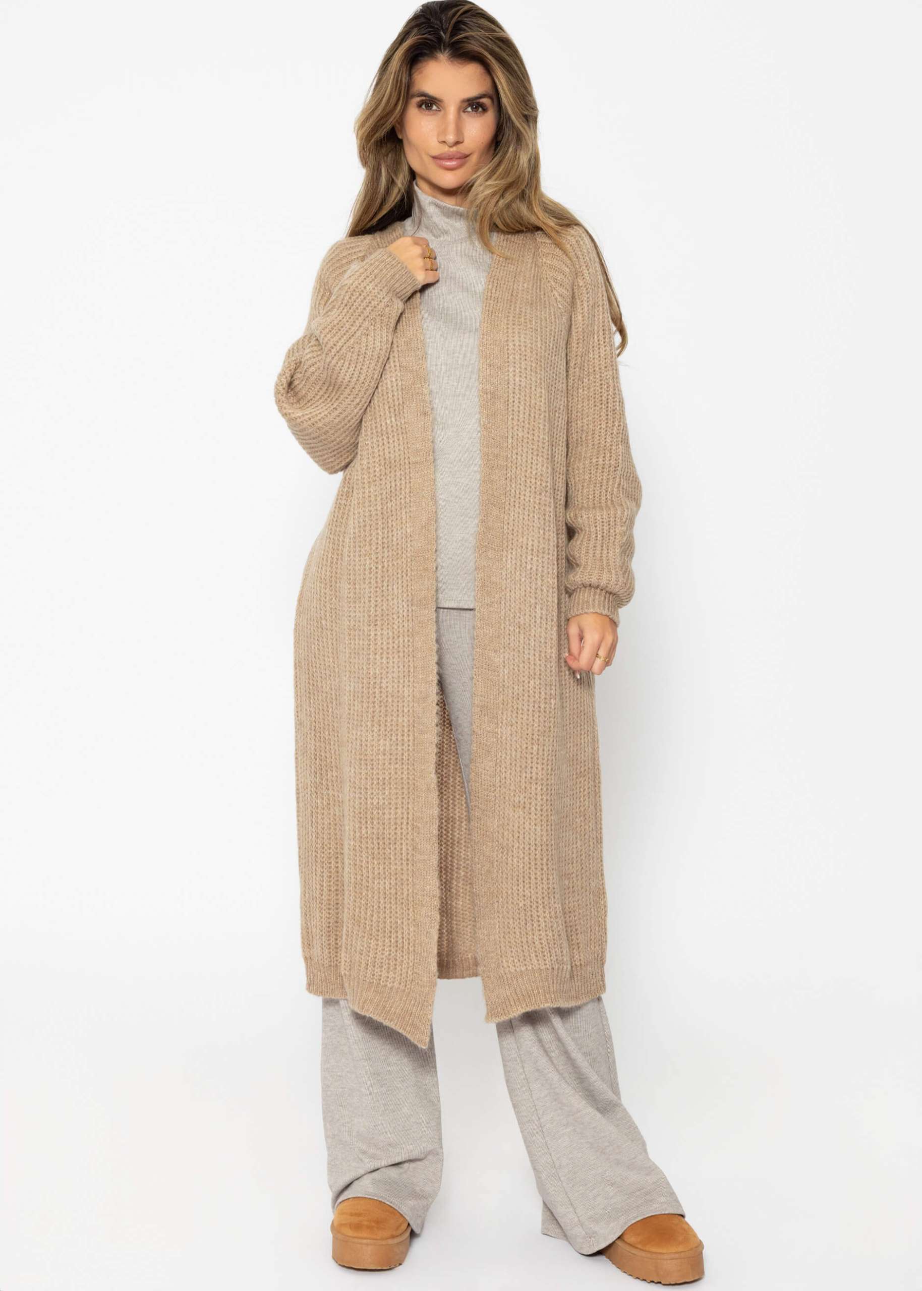 Langer, gerippter Cardigan - camel