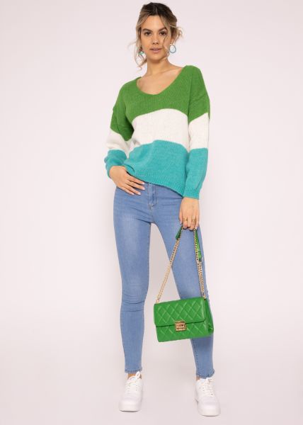 Streifen-Pullover mit V-Ausschnitt, grün/weiß/türkis
